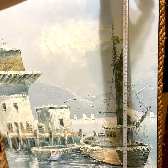 vintage oil painting On Canvas Rope Frame “ Boats In the Dock” 20”X25”picture - Picture 3 of 7